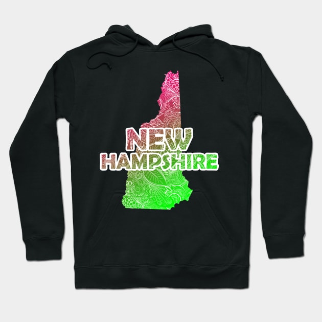 Colorful mandala art map of New Hampshire with text in pink and green Hoodie by Happy Citizen